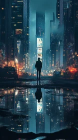 Solitary figure over neon city puddle reflection at dusk.