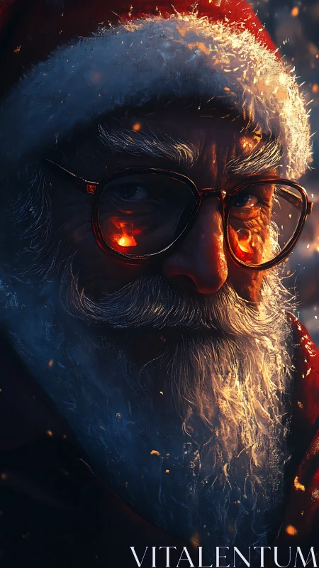 Warmly glowing Santa portrait with magical holiday spark.
