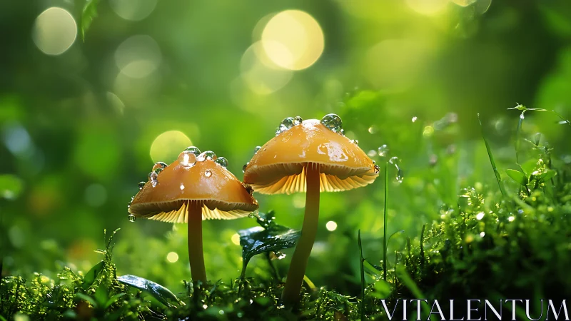 Dewlit forest mushrooms sharing sunrise secrets together.