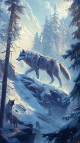 Alpha wolf cresting icy ridge under diffuse alpine backlight