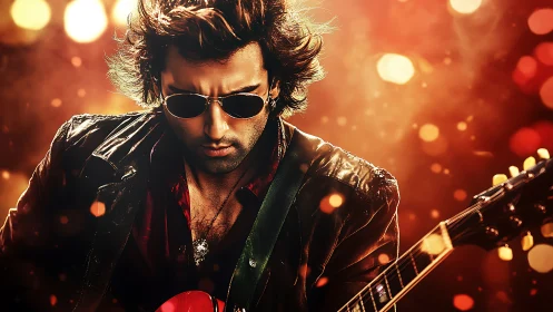 Moody rock guitarist lost in glowing stage lights.