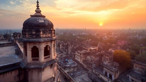 Golden sunrise bathes historic city rooftops in soft light