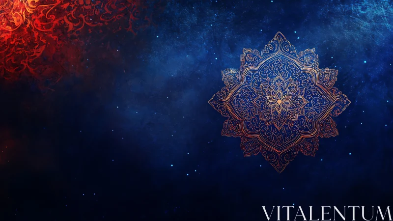 Ornate mandala motif floats on textured cosmic blue field