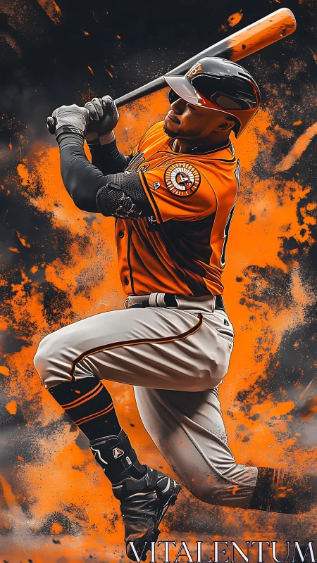 Baseball hitter in orange uniform swings bat amid splatter backdrop