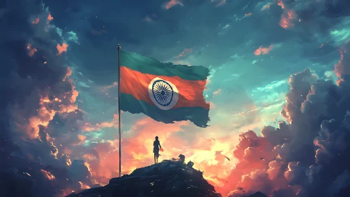 Indian flag soars above clouds in luminous digital sky.