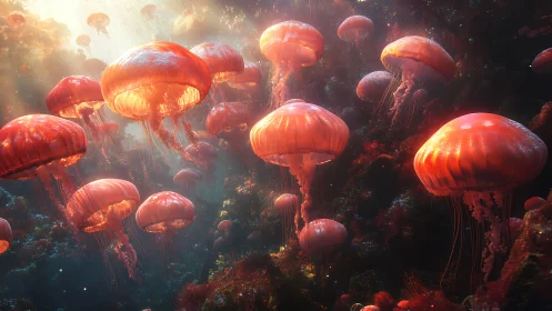 Glowing jellyfish drift gently through a dreamlike coral sea