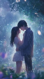 Romantic anime couple embracing in soft evening rain