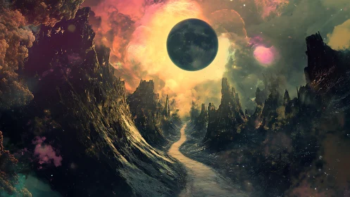 Starlit cosmic valley with glowing sky and distant planet.