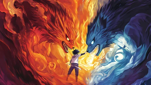 Human figure between opposing fiery and icy wolf forms.
