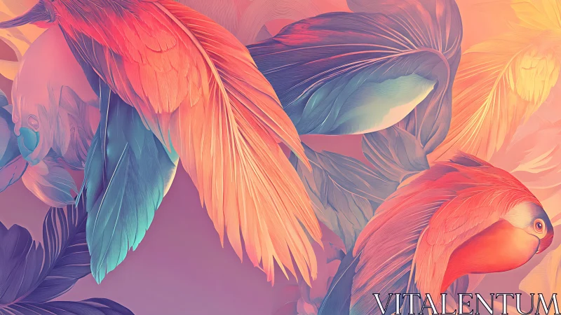 Colorful stylized parrots with layered feathers in motion.