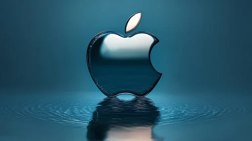 Liquid chrome apple emblem rising from tranquil ripples.