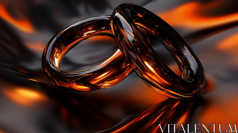 Interlocking Glass Rings with Luminous Amber Glow.