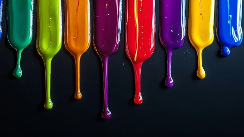 Glossy rainbow paint drips on dark black background.