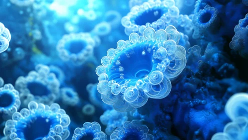 Digital macro render shows clustered blue tubular formations