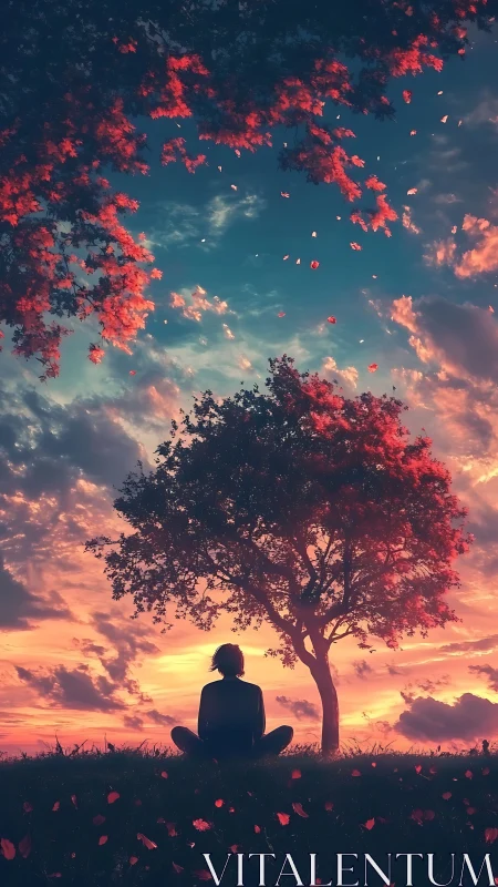 Silhouette meditating beneath crimson tree at cinematic sunset.