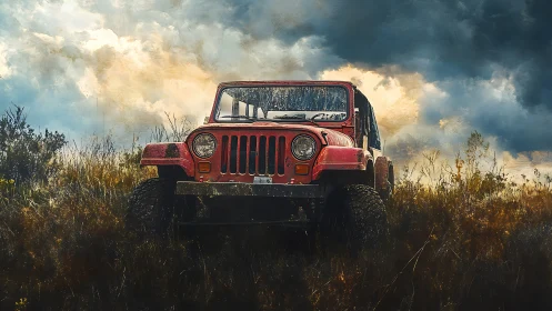 Storm-chasing red jeep waits boldly beneath bruised skies