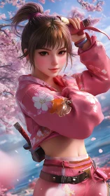 Pink kimono swordswoman under cherry blossoms by the sea.