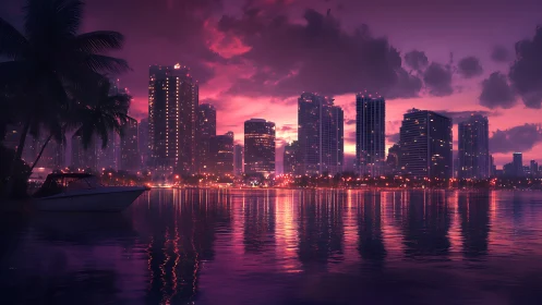 Soft twilight city skyline glows gently across calm water