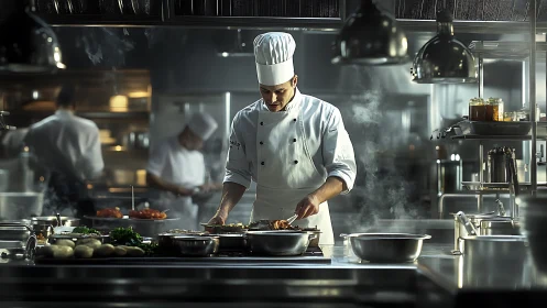Executive chef plating dish under dramatic kitchen lighting.