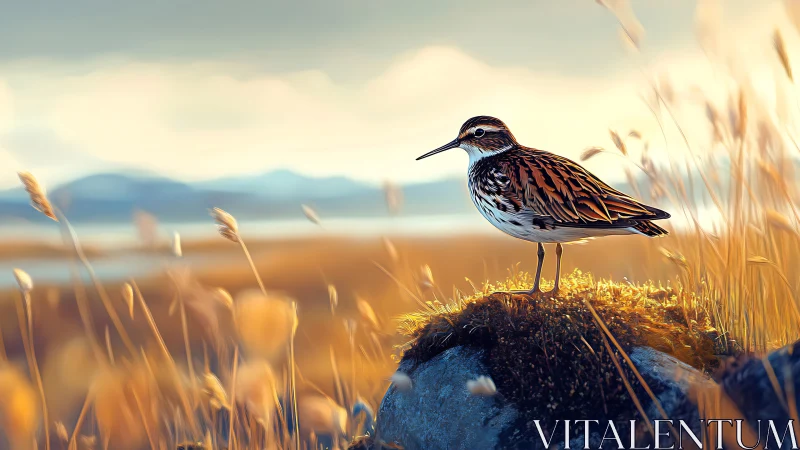 Shorebird standing on mossy rock in soft coastal light.