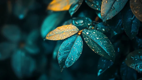 Glistening teal leaves with golden highlights after rain.