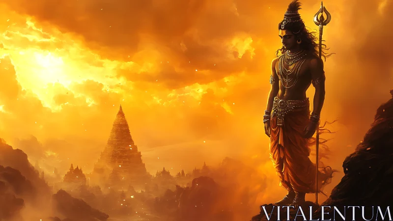 Mythic warrior watches temple horizon under blazing skies