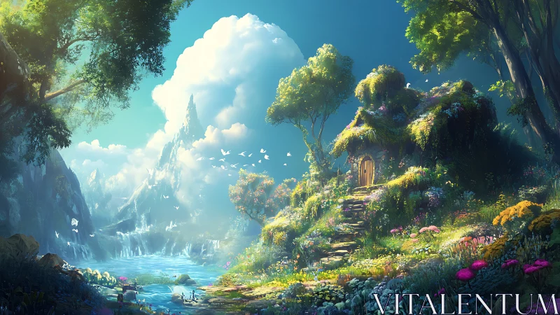 Enchanted riverside cottage basks beneath towering clouds.