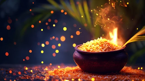 Sacred offering bowl glows with fire and drifting embers.