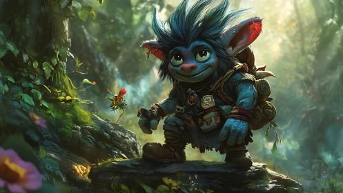 Blue creature stands in dense forest environment with gear