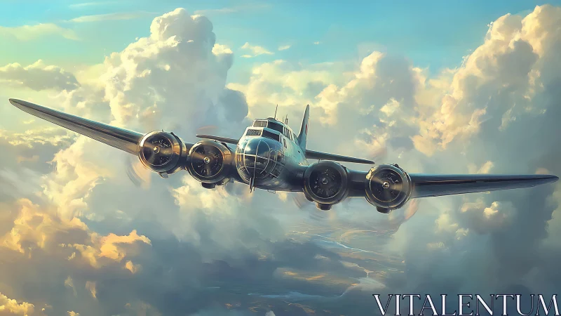 Vintage four engine airliner cuts through glowing storm clouds.