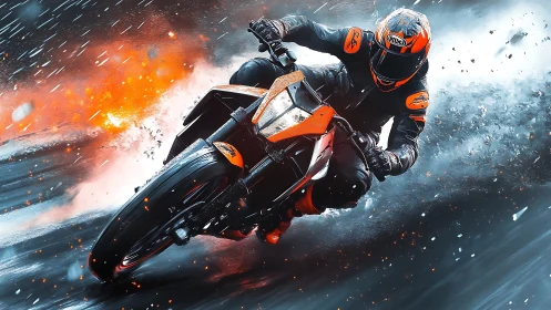 Motorcyclist carving apex in dynamic orange motion blur.