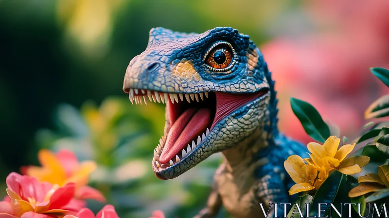 Photorealistic baby raptor portrait amid tropical blooms.