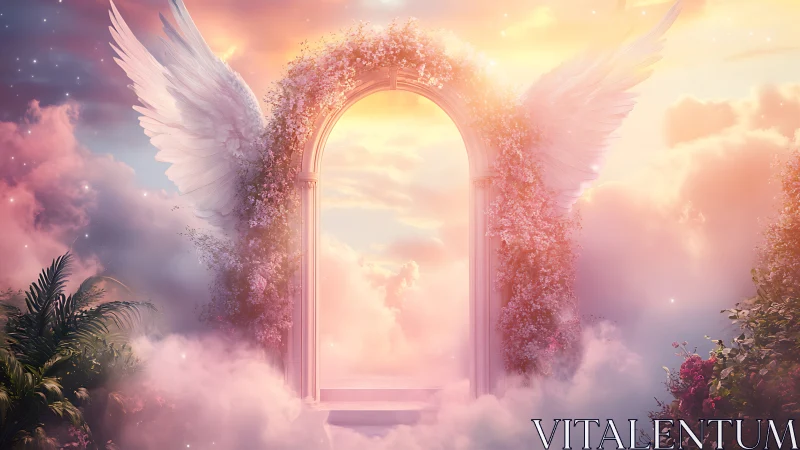 Radiant angelic gate floats amid luminous pastel clouds.
