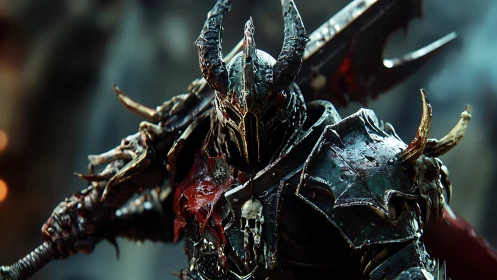 Corroded hellknight in baroque horned armor, cinematic stance.