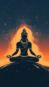 Radiant meditating figure glows calmly against a starry sky
