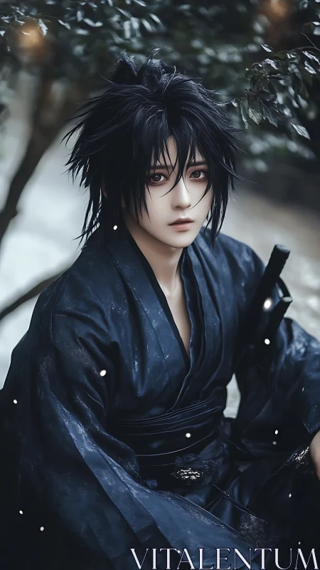 Quiet night warrior beneath drifting winter petals.