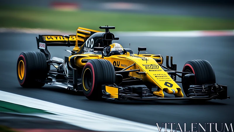 Front-angle capture of yellow F1 car under high-speed cornering load