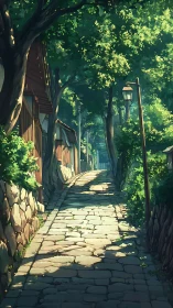 Sunlit stone alley under lush summer canopy in townscape.