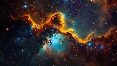 Celestial nebula clouds glowing with blue and amber light.