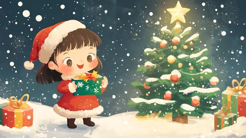 Little Santa’s joyful gift moment beside a glowing tree.