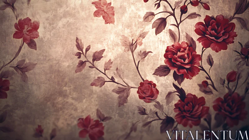 Vintage Floral Pattern with Deep Red Roses on Textured Beige