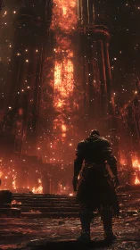 Armored warrior confronts a burning cathedral of towering flame