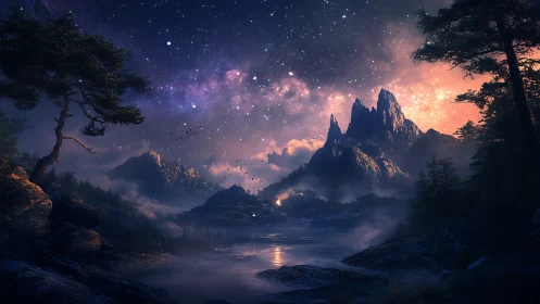 Starlit mountain spires crown a misty river of midnight dreams.