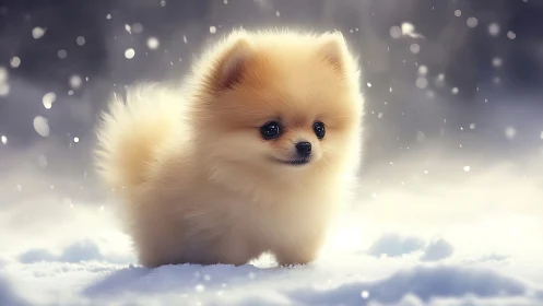 Fluffy cream Pomeranian puppy standing in soft winter snow.