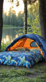 Tent Setup Near Lakeside Forest at Golden Hour