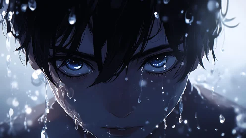 Storm-lit gaze of a soaked anime boy in shimmering rain.