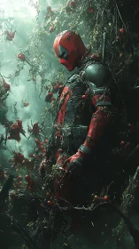 Red-suited antihero resting in a wild, overgrown garden.