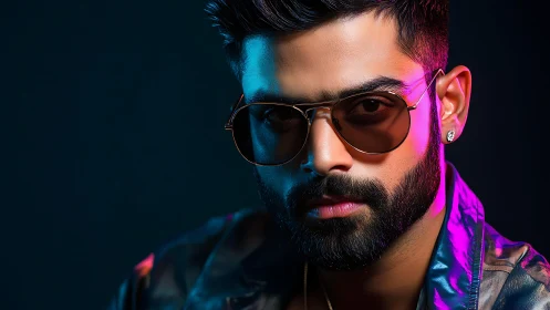Neon-lit bearded male portrait in reflective aviator shades.