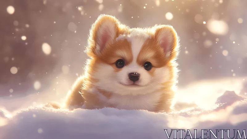 Snowlit corgi puppy melts winter hush in glowing flurries.
