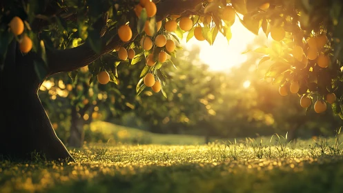 Backlit citrus orchard renders soft volumetric light and depth